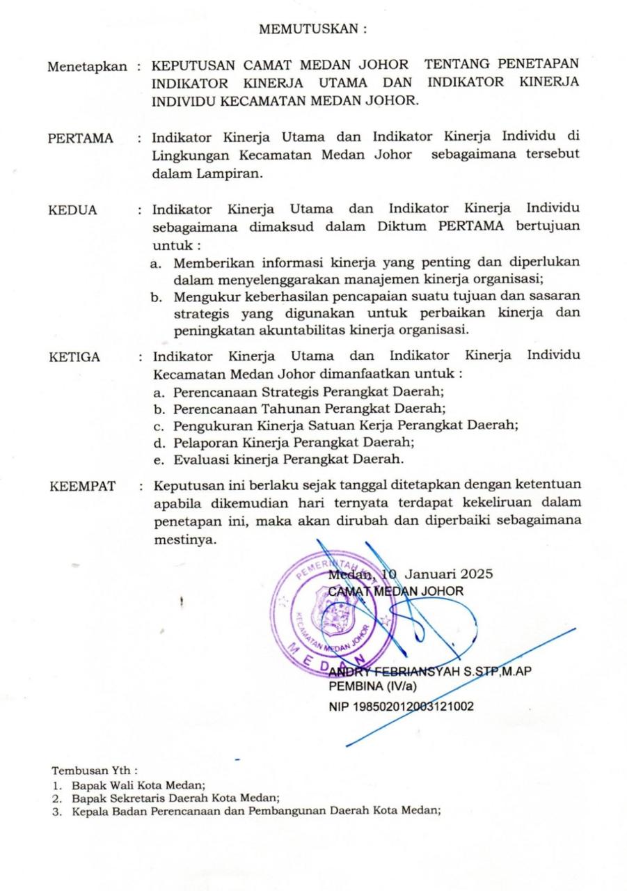 KEPUTUSAN CAMAT MEDAN JOHOR NOMOR 800.1.5.1/006/ 2025 TENTANG PENETAPAN INDIKATOR KINERJA UTAMA DAN INDIKATOR KINERJA INDIVIDU KECAMATAN MEDAN JOHOR